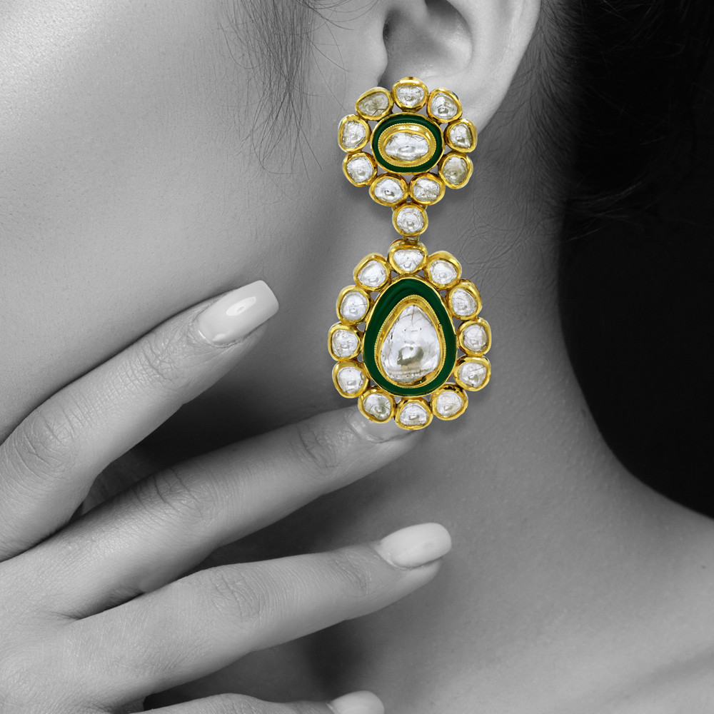 Polki Necklace Set with Green Enamel and Layered Design